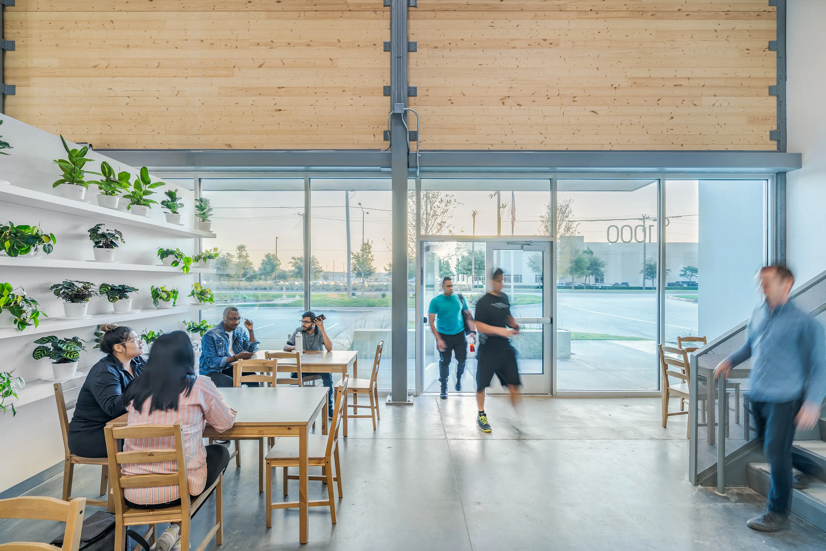 The café at the WesternTechSystems facility, with a living plant wall, timber finishes and staff at tables